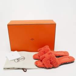 Hermes Orange Shearling Fur Oran Flat Slides Size 36