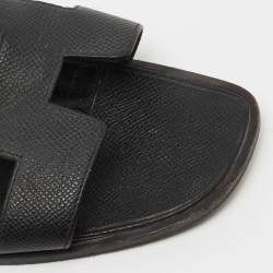 Hermes Black Leather Oran Flat Slides Size 40