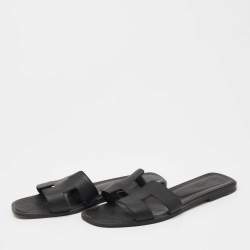 Hermes Black Leather Oran Flat Slides Size 40