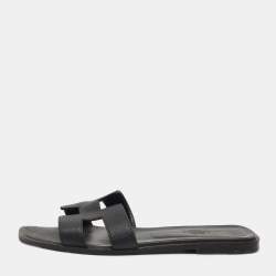 Hermes Black Leather Oran Flat Slides Size 40