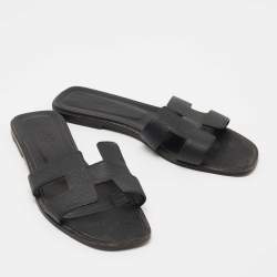 Hermes Black Leather Oran Flat Slides Size 40