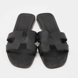 Hermes Black Leather Oran Flat Slides Size 40