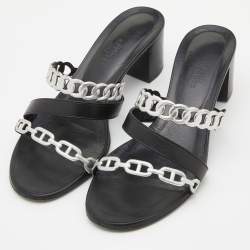 Hermes Black/Silver Leather Ajaccio Block Heel Slide Sandals Size 37