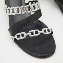 Hermes Black/Silver Leather Ajaccio Block Heel Slide Sandals Size 37