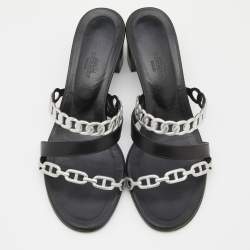 Hermes Black/Silver Leather Ajaccio Block Heel Slide Sandals Size 37