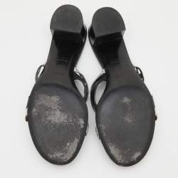 Hermes Black/Silver Leather Ajaccio Block Heel Slide Sandals Size 37