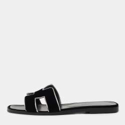 Hermes Black/Silver Velvet and Leather Oran Flat Slides Size 38.5  