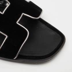 Hermes Black/Silver Velvet and Leather Oran Flat Slides Size 38.5  