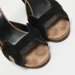 Hermes Black/Beige Suede Platform Premiere Ankle Strap Sandals Size 39
