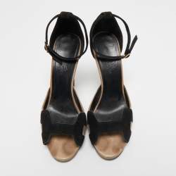 Hermes Black/Beige Suede Platform Premiere Ankle Strap Sandals Size 39