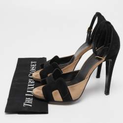 Hermes Black/Beige Suede Platform Premiere Ankle Strap Sandals Size 39