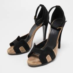 Hermes Black/Beige Suede Platform Premiere Ankle Strap Sandals Size 39