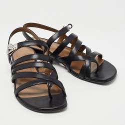 Pre Owned Hermes Black Leather Transat Slingback Sandals Size 37.5