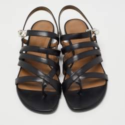 Pre Owned Hermes Black Leather Transat Slingback Sandals Size 37.5