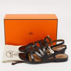 Pre Owned Hermes Black Leather Transat Slingback Sandals Size 37.5