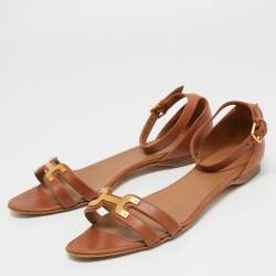 Pre Owned Hermes Brown Leather Premiere Ankle Strap Sandals Size 40