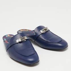 Hermes Navy Blue Leather Oz Mules Size 37