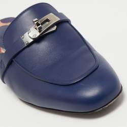 Hermes Navy Blue Leather Oz Mules Size 37