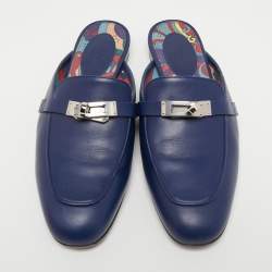 Hermes Navy Blue Leather Oz Mules Size 37