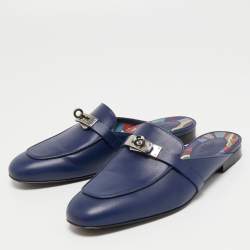 Hermes Navy Blue Leather Oz Mules Size 37