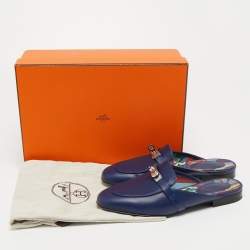 Hermes Navy Blue Leather Oz Mules Size 37