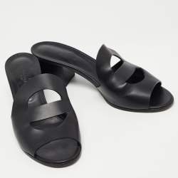 Hermes Black Leather Mona Slide Sandals Size 41
