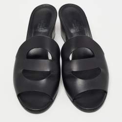 Hermes Black Leather Mona Slide Sandals Size 41