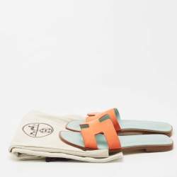 Hermes Coral Orange Nubuck Leather Oran Flat Slides Size 37.5