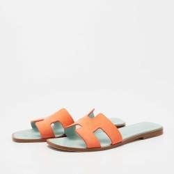 Hermes Coral Orange Nubuck Leather Oran Flat Slides Size 37.5