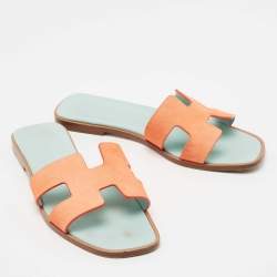 Hermes Coral Orange Nubuck Leather Oran Flat Slides Size 37.5
