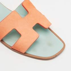 Hermes Coral Orange Nubuck Leather Oran Flat Slides Size 37.5