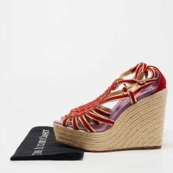 Hermes Red/Gold Suede and Leather Espadrille Wedge Sandals Size 41