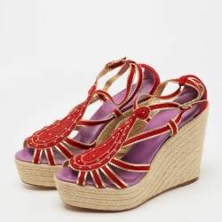 Hermes Red/Gold Suede and Leather Espadrille Wedge Sandals Size 41