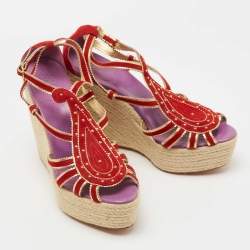 Hermes Red/Gold Suede and Leather Espadrille Wedge Sandals Size 41