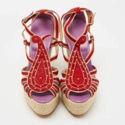 Hermes Red/Gold Suede and Leather Espadrille Wedge Sandals Size 41