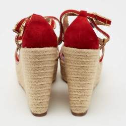 Hermes Red/Gold Suede and Leather Espadrille Wedge Sandals Size 41