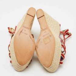 Hermes Red/Gold Suede and Leather Espadrille Wedge Sandals Size 41
