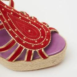 Hermes Red/Gold Suede and Leather Espadrille Wedge Sandals Size 41