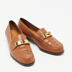 Pre Owned Hermes Brown Leather Jules Kelly Lock Loafers Size 37.5