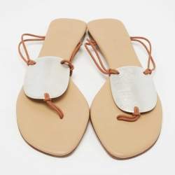 Hermes Brown/Silver Leather Thong Flats Size 41 