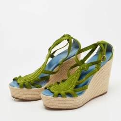Hermes Green Suede Espadrille Wedge Sandals Size 41