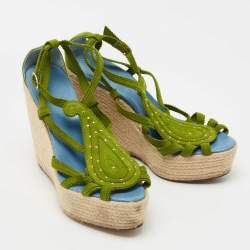 Hermes Green Suede Espadrille Wedge Sandals Size 41