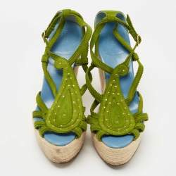 Hermes Green Suede Espadrille Wedge Sandals Size 41