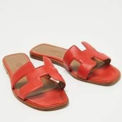 Hermes Red Leather Oran Flat Slides Size 37.5