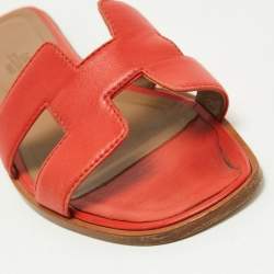 Hermes Red Leather Oran Flat Slides Size 37.5