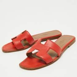 Hermes Red Leather Oran Flat Slides Size 37.5