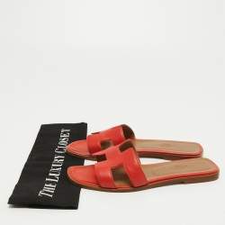 Hermes Red Leather Oran Flat Slides Size 37.5
