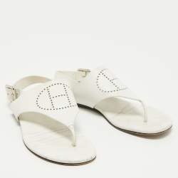 Hermes White Leather Kola Slingback Flat Slides Size 37.5