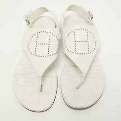Hermes White Leather Kola Slingback Flat Slides Size 37.5