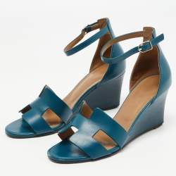 Pre Owned Hermes Teal Leather Legend Ankle Strap Sandals Size 36